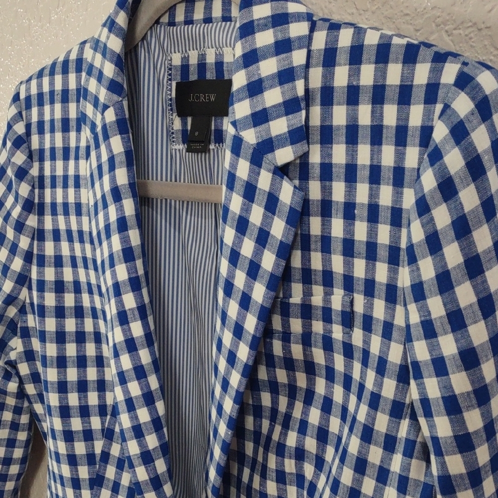 J. Crew Blue and White Plaid , Linen Blazer, Size 8 - Picture 7 of 17